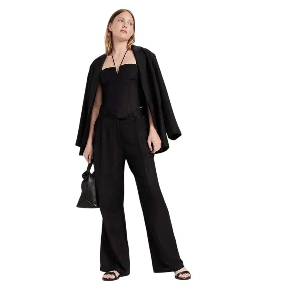 Lioness La Quinta Wide Leg Trousers Black Linen Blend Pleated Minimalist XS
